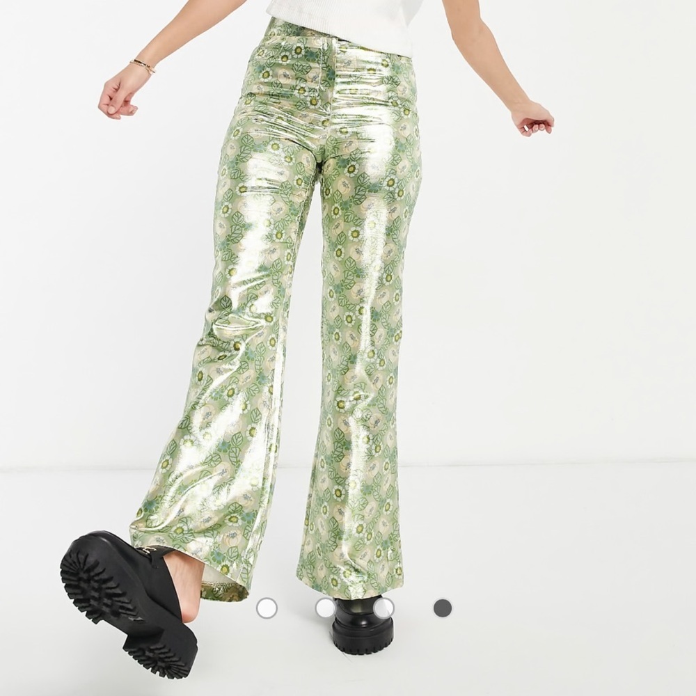 Topshop Metallic Green Patterned Flare Pants